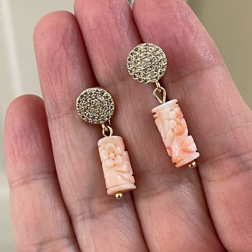 Hand carved undyed angel skin coral bezel set diamanté gold tone drop earrings - Picture 2 of 5